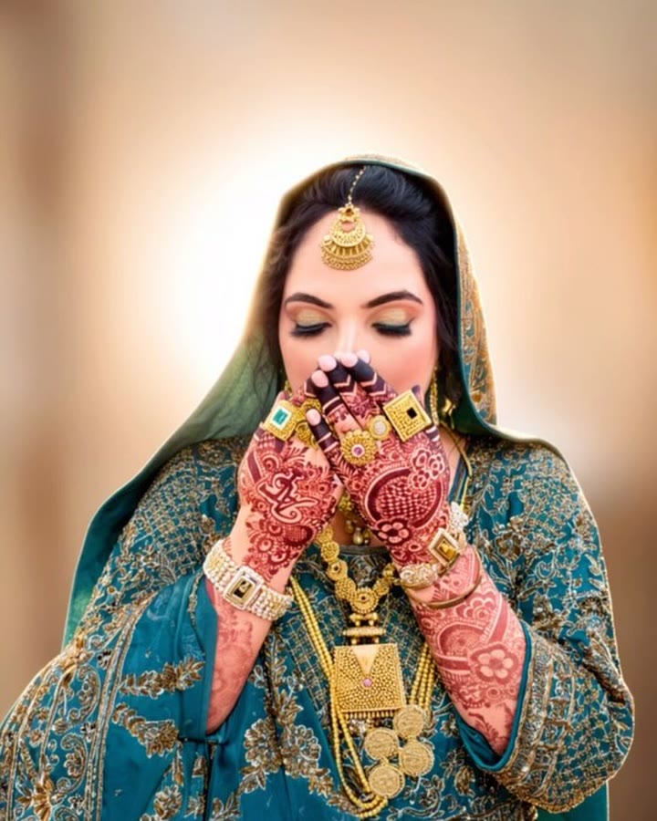 Real bride in a teal bridal outfit with gold jewelry and mehndi, styled at Brideocity by Tuba